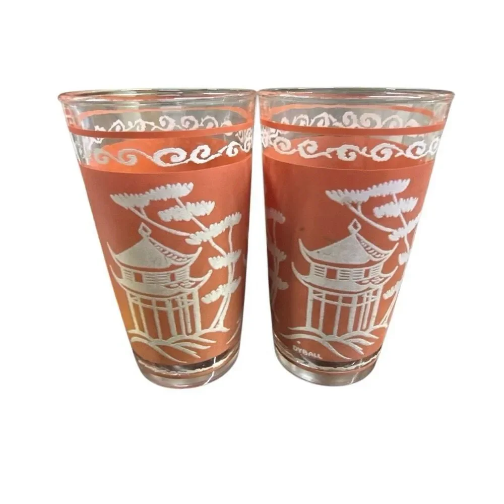 Hazel Atlas Dyball Coral Pagoda Glass Tumblers Set of 2